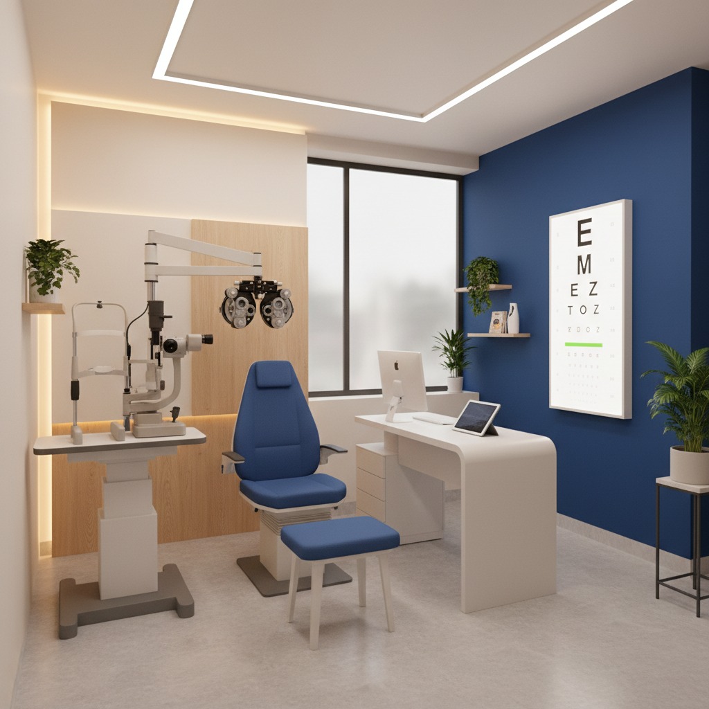 Consultório oftalmológico moderno com cadeira azul, equipamentos de exame, uma escrivaninha branca e um painel de teste de visão na parede azul.